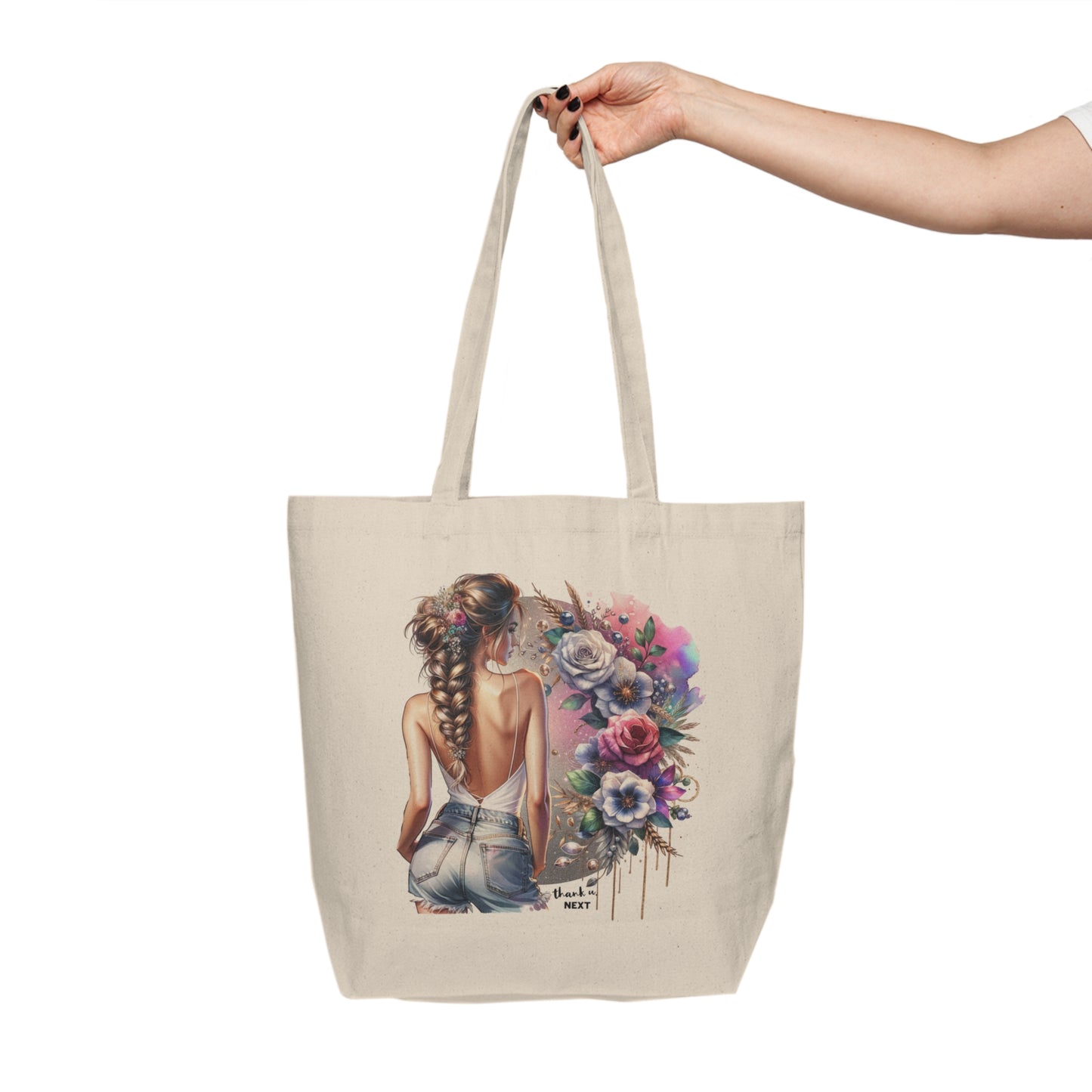 Thank U, Next Bohemian Floral Tote Bag, Eco-Friendly Canvas Bag, Chic Shopping Bag, Summer Tote, Gift for Her