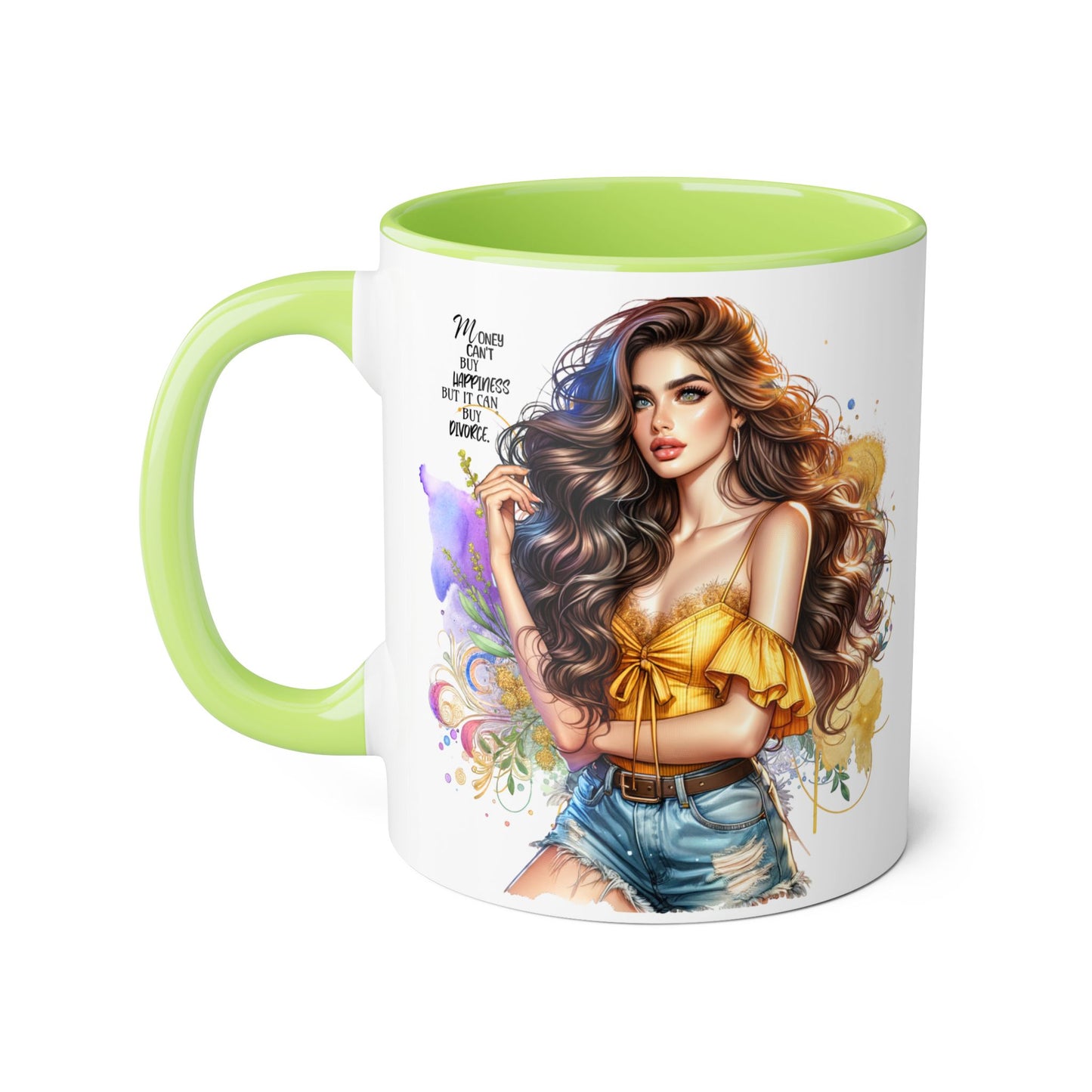 Money Can't Buy Happiness But It Can Buy Divorce Humoristic Empowering Accent Mug, Inspirational Coffee Cup, Artful Drinkware for Self-Care, Perfect Gift for Birthdays, Motivational Decor
