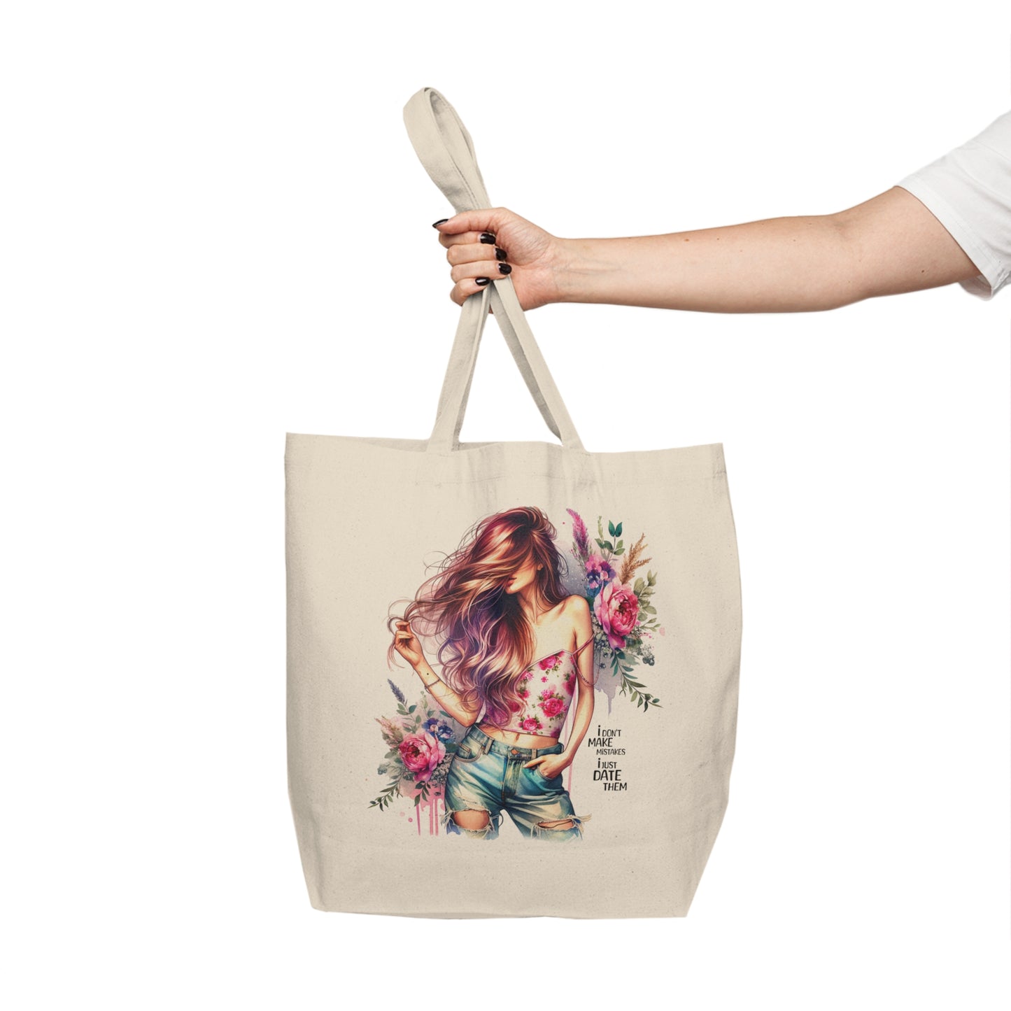 I Don`t Make Mistakes, I Just Date Them Floral Boho Canvas Shopping Tote, Eco-Friendly Grocery Bag, Reusable Tote, Beach Bag, Gift for Her, Bohemian Tote Bag