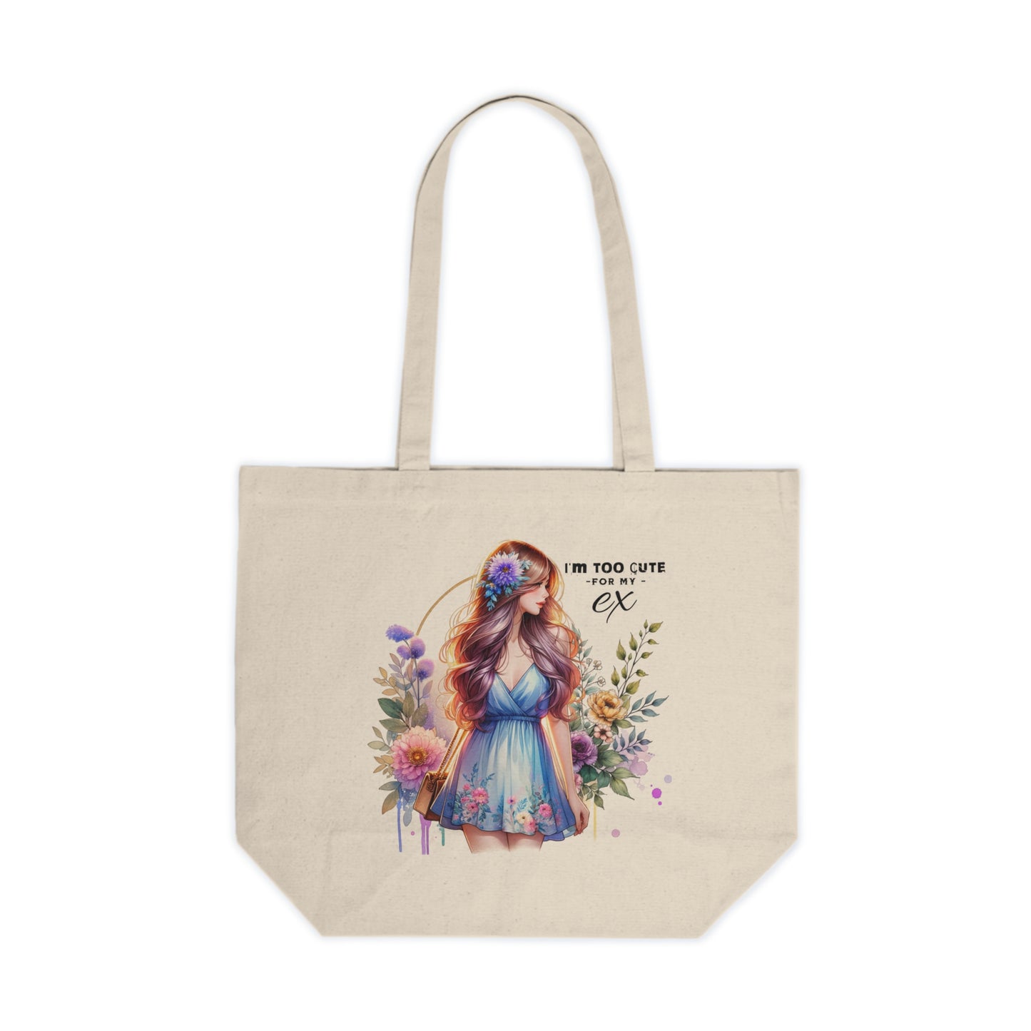 I'm Too Cute For My Ex  Floral Canvas Tote Bag, Reusable Grocery Bag, Eco-Friendly Shopping Tote, Gift for Her, Funny Ex Quotes