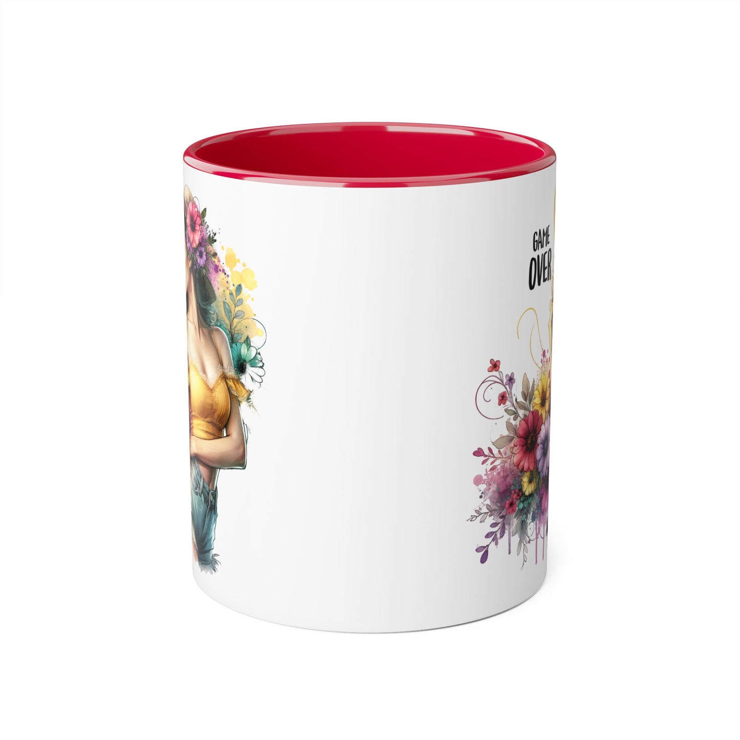 Game Over Floral Accent Mug, Gift for Gamers, Coffee Tea Cup, Home Decor, Birthday, Celebration, Unique Mug