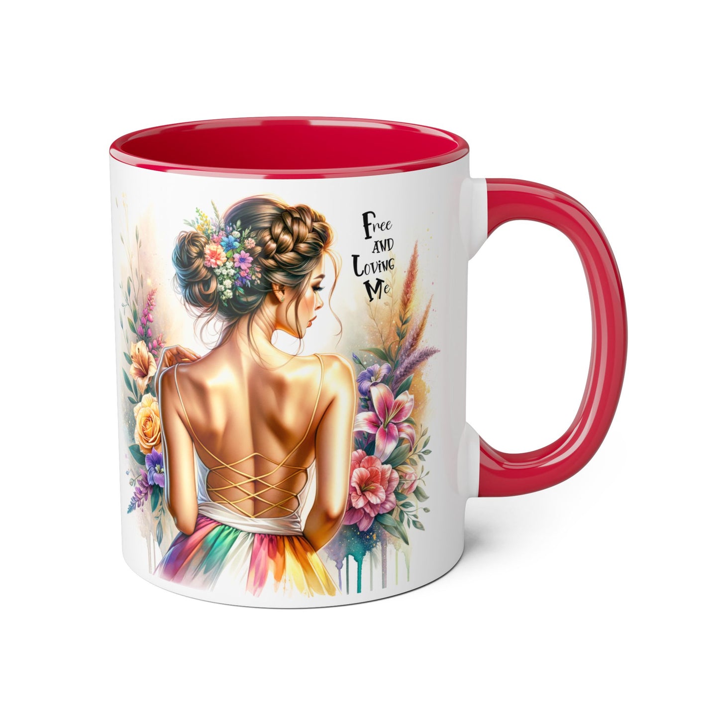 Free and Loving Me Empowering Quote Accent Mug, Inspirational Coffee Mug, Floral Design Mug, Unique Gift for Women, Motivational Drinkware