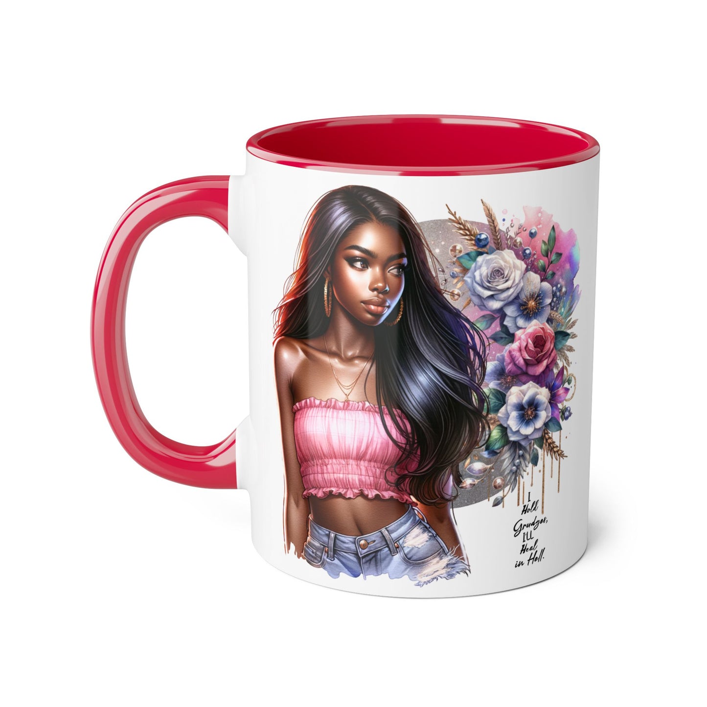I Hold Grudges, I'll Heal in Hell  Humoristic Bohemian Floral Accent Mug, Stylish Coffee Cup, Ideal for Gifting, Home Decor, Motivational Quote Mug, Perfect for Every Occasion