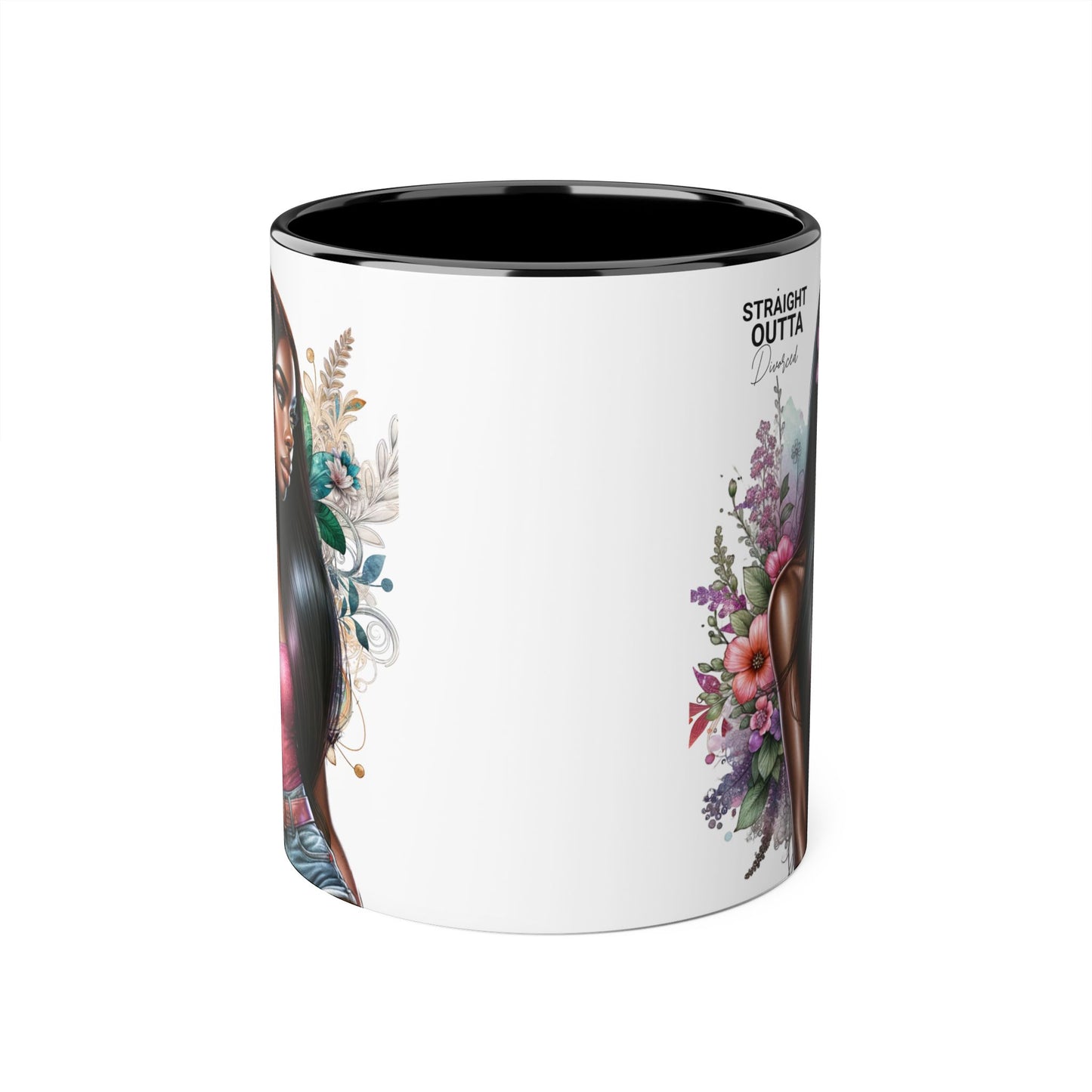 Straight Outta Divorced Humoristic Vibrant Statement Mug, Black Handle Coffee Cup, Floral Art Beverage Mug, Gift for Her, Inspirational Drinkware, Birthday Mug