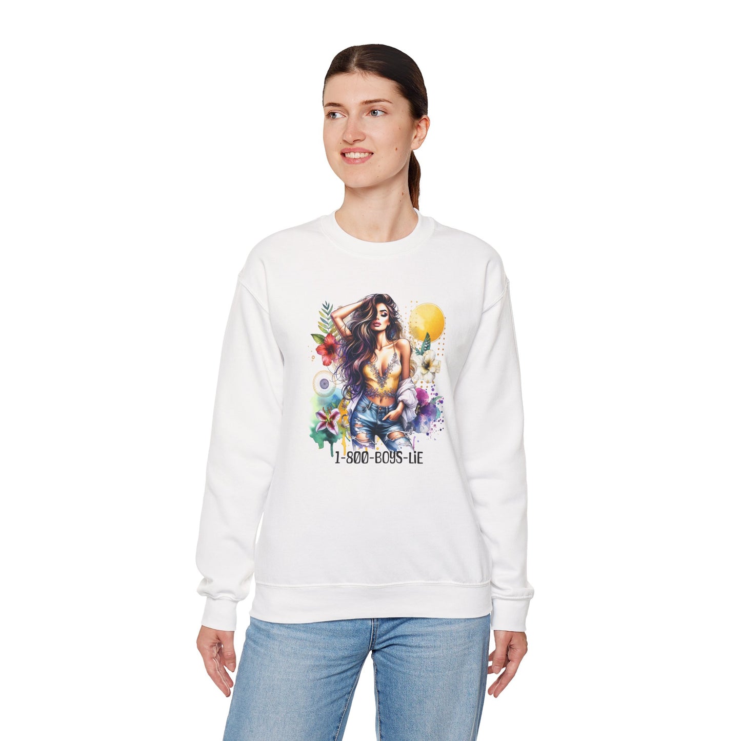 1-800-Boys-Lie Boho Chic Crewneck Sweatshirt with Floral Design, Unisex Gift, Self-Love Apparel, Cozy Casual Wear, Perfect for Relaxation