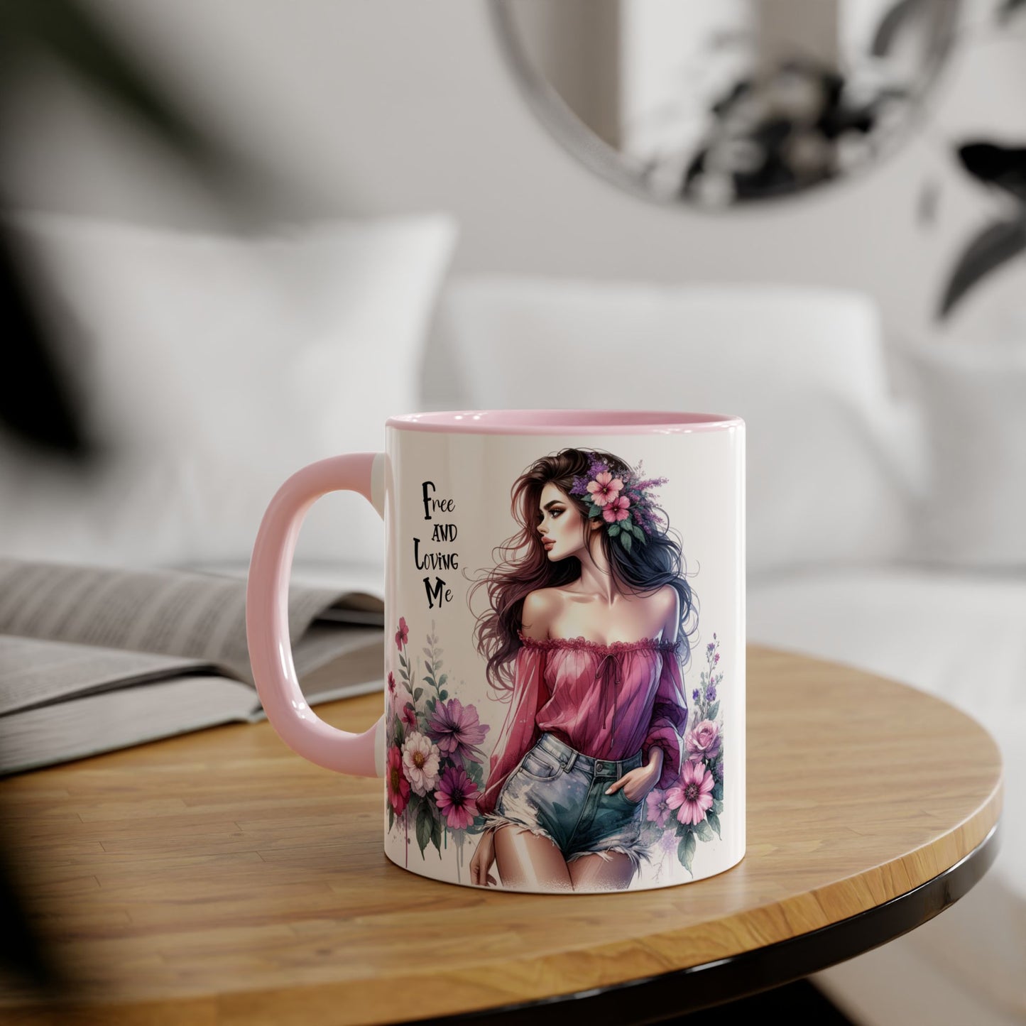 Floral Bohemian Accent Mug - Free and Loving Me Design, Coffee Cup Gift, Mother's Day Present, Home Decor, Art Drinkware