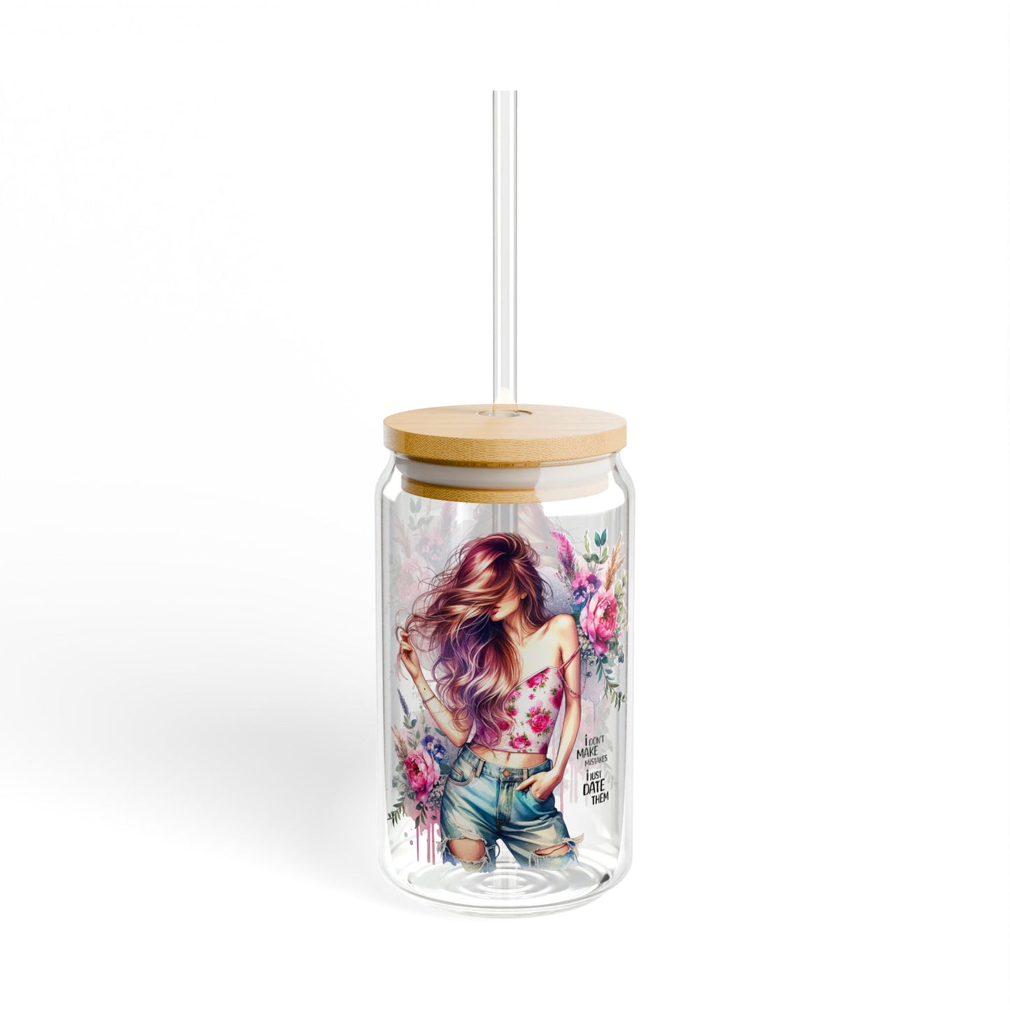 I Don't Make Mistakes, I Date Them Floral Sipper Glass, 16oz - Reusable Jar with Straw for Eco-Friendly Hydration, Perfect for Summer Picnics, Gifts for Her, Beach Days, [...]