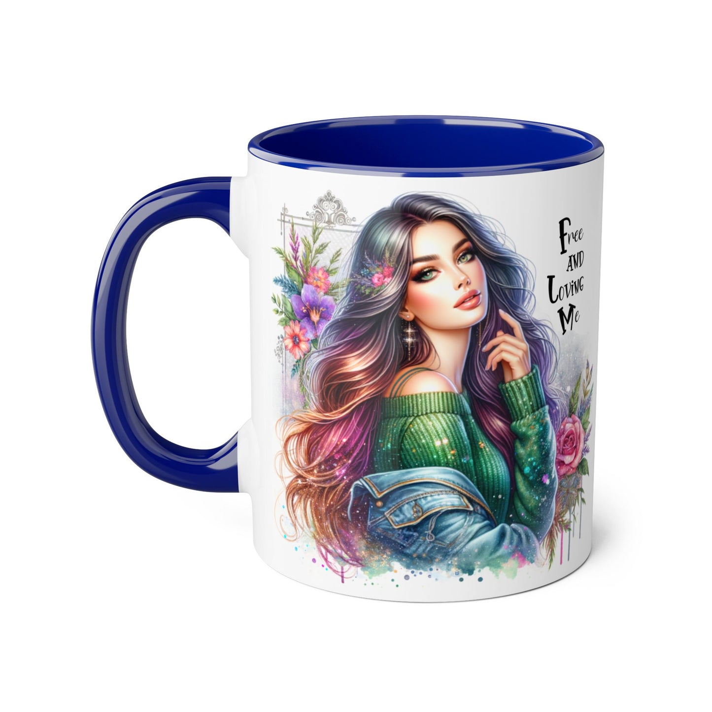 Bohemian Chic Accent Mug, Free and Loving Me 11oz Coffee Cup, Gifts for Her, Artistic Drinkware, Unique Home Decor, Floral Coffee Mug