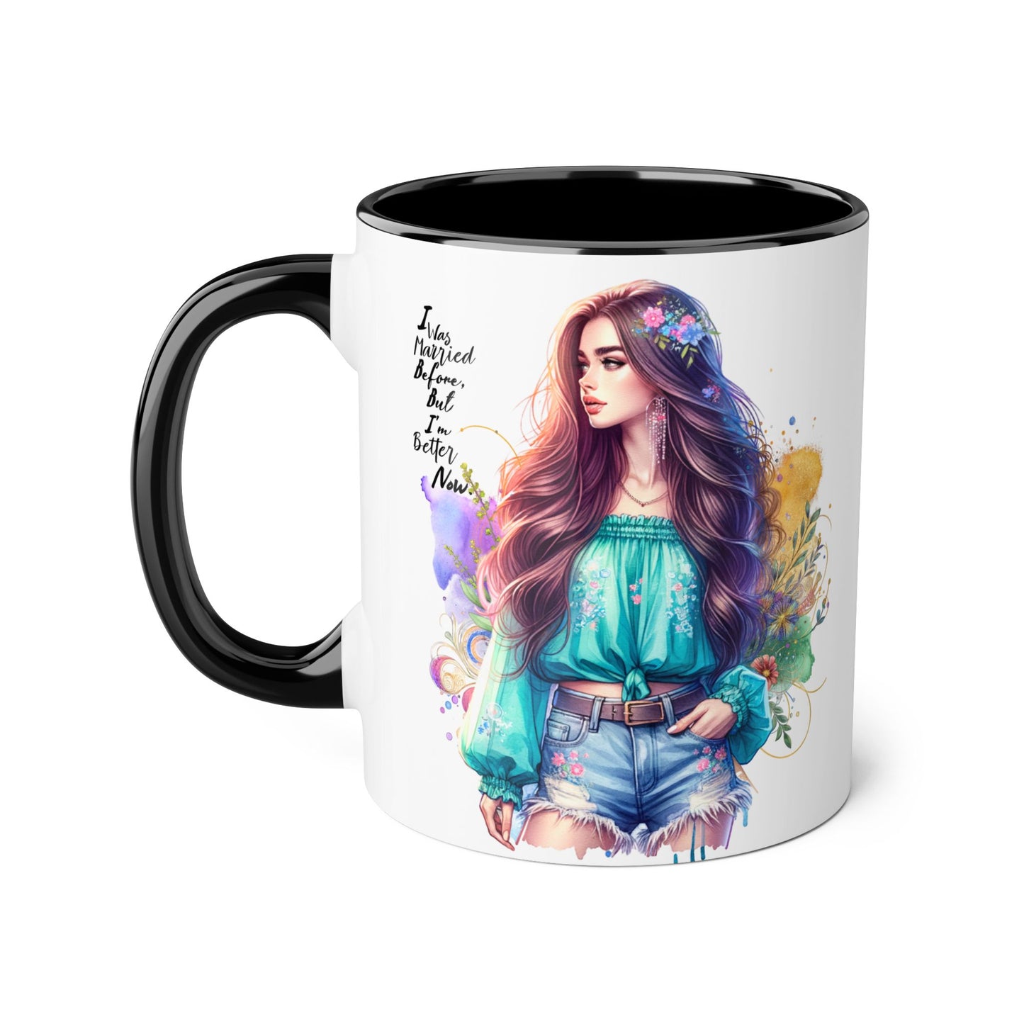 I Was Married Before But I'm Better Now Bohemian Floral Accent Mug, Inspirational Coffee Cup, Gift for Friends, Encouraging Quote, Perfect for Her, Art Lover's Mug