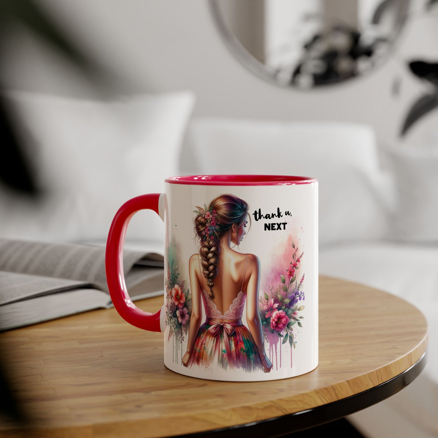 Thank U, Next Artistic Floral Accent Mug, Thank U Next Coffee Cup, Colorful Tea Mug, Gift for Her, Inspirational Art Drinkware