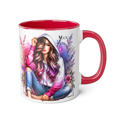 Yuck Fou Chic Floral Accent Mug, Inspirational Coffee Cup, Gift for Her, Relaxing Tea Mug, Boho Style Drinkware, Unique Home Decor