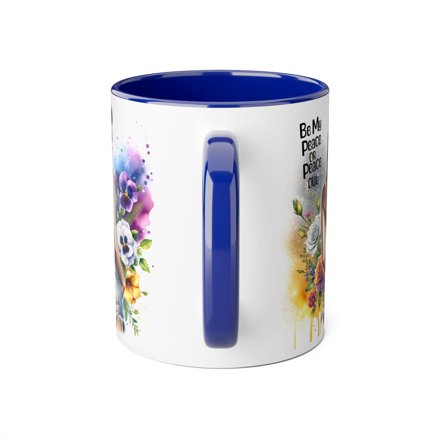 Artistic Black Handle Mug with Inspirational Message, Be My Peace or Peace Out, Unique Gift for Coffee Lovers, Colorful Floral Design, [...]