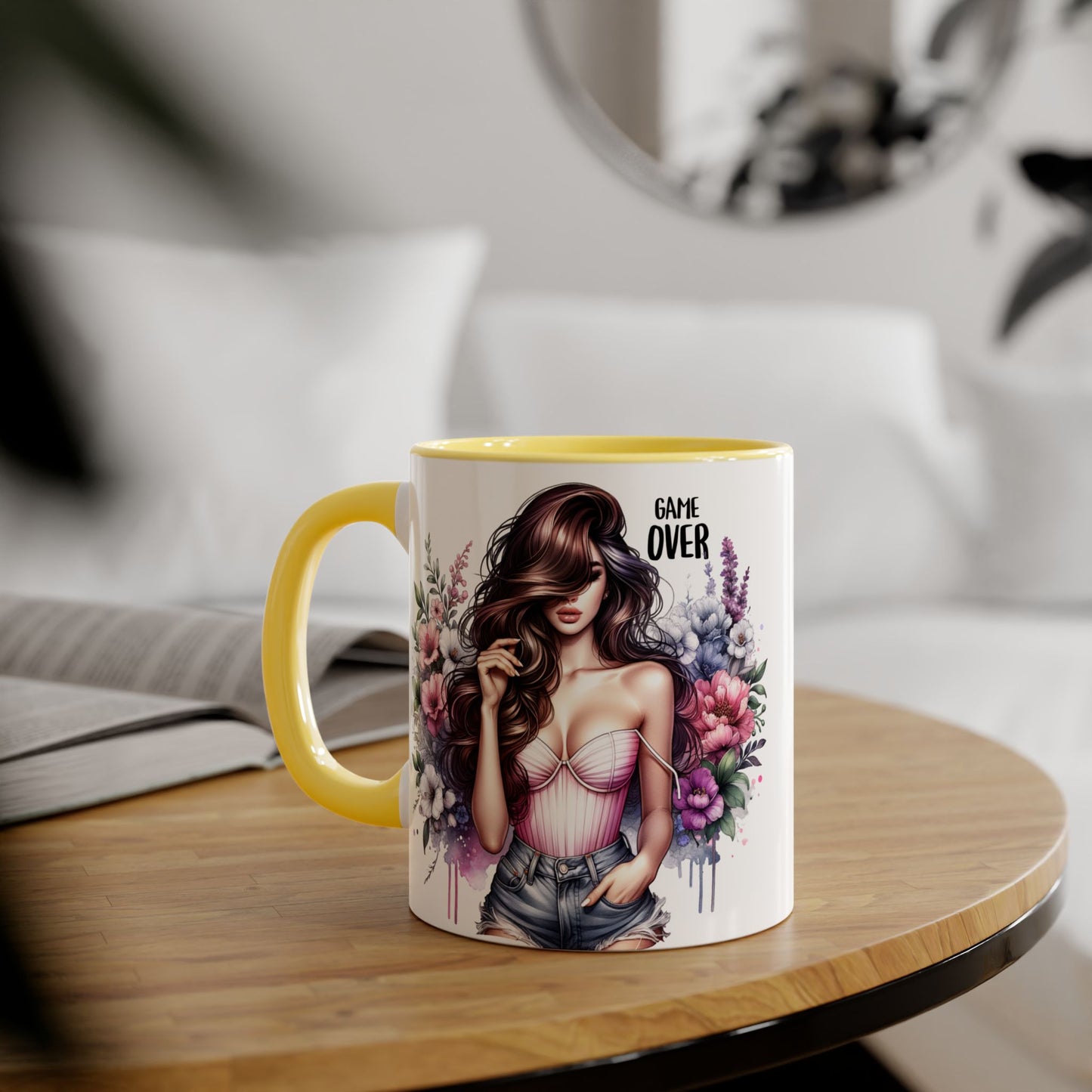 Game Over Floral Accent Mug - 11oz, Coffee Cup for Her, Gift for Gamers, Fun Tea Mug, Unique Kitchen Decor, Women’s Gift Idea