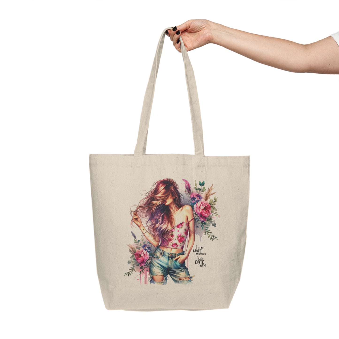 I Don`t Make Mistakes, I Just Date Them Floral Boho Canvas Shopping Tote, Eco-Friendly Grocery Bag, Reusable Tote, Beach Bag, Gift for Her, Bohemian Tote Bag