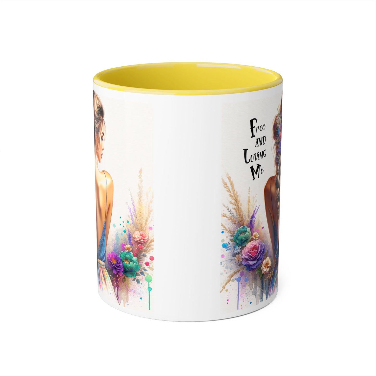 Free and Loving Me Floral Freedom Accent Mug - Inspirational Coffee Cup, Gift for Her, Artist Mug, Tea Lover's Cup, Home Decor