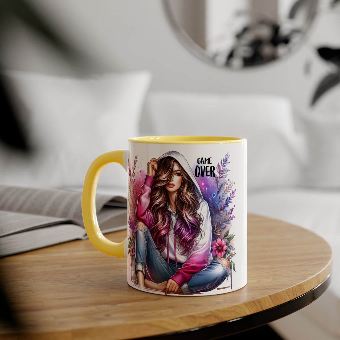 Stylish Gamer Mug, Game Over Coffee Cup, Floral Art Drinkware, Cute Gift for Gamers, Trendy Ceramic Tea Mug