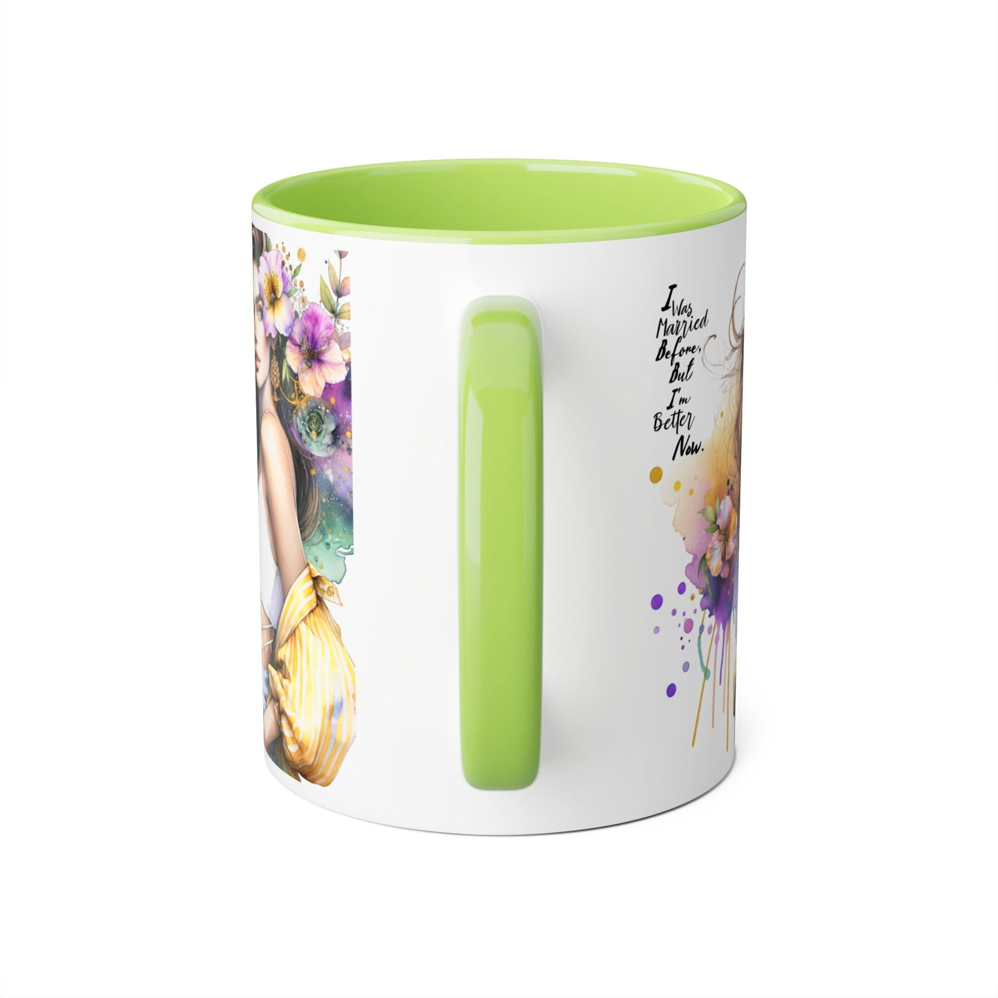 I Was Married Before But I'm Better Now Humoristic Artistic Accent Mug, Coffee Cup for Inspiration, Floral Design, Gift for Friends, Birthday, Home Decor, Motivational Drinkware
