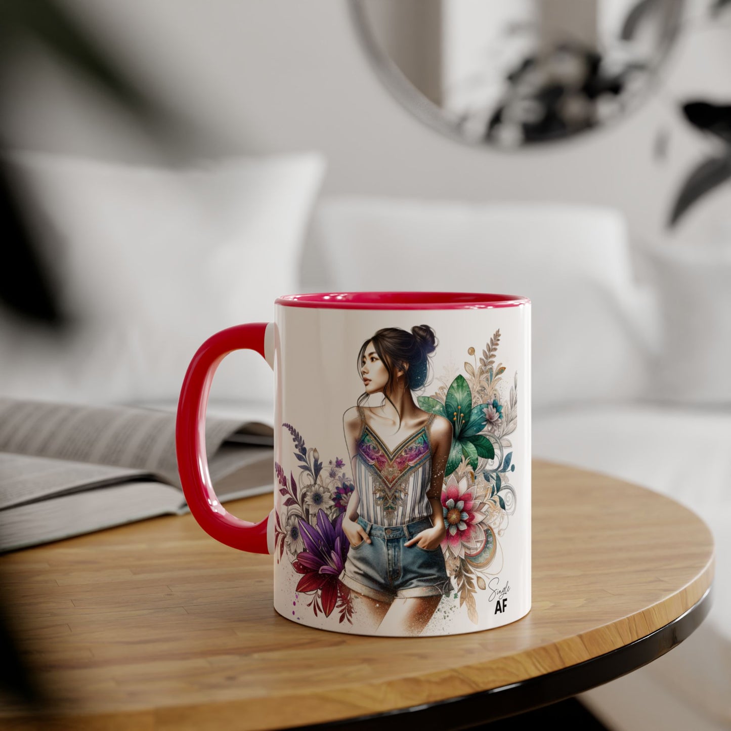 Single AF Boho Flower Accent Mug - Artistic Coffee Cup, Floral Design, Gift for Her, Birthday, Home Decor, Unique Artwork, 11oz