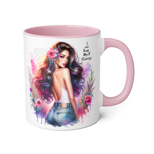 I Can Buy Myself Flowers Floral Art Coffee Mug, Botanical Gift for Her, Colorful Mug for Tea, Art Lover Present, Inspirational Quote Cup