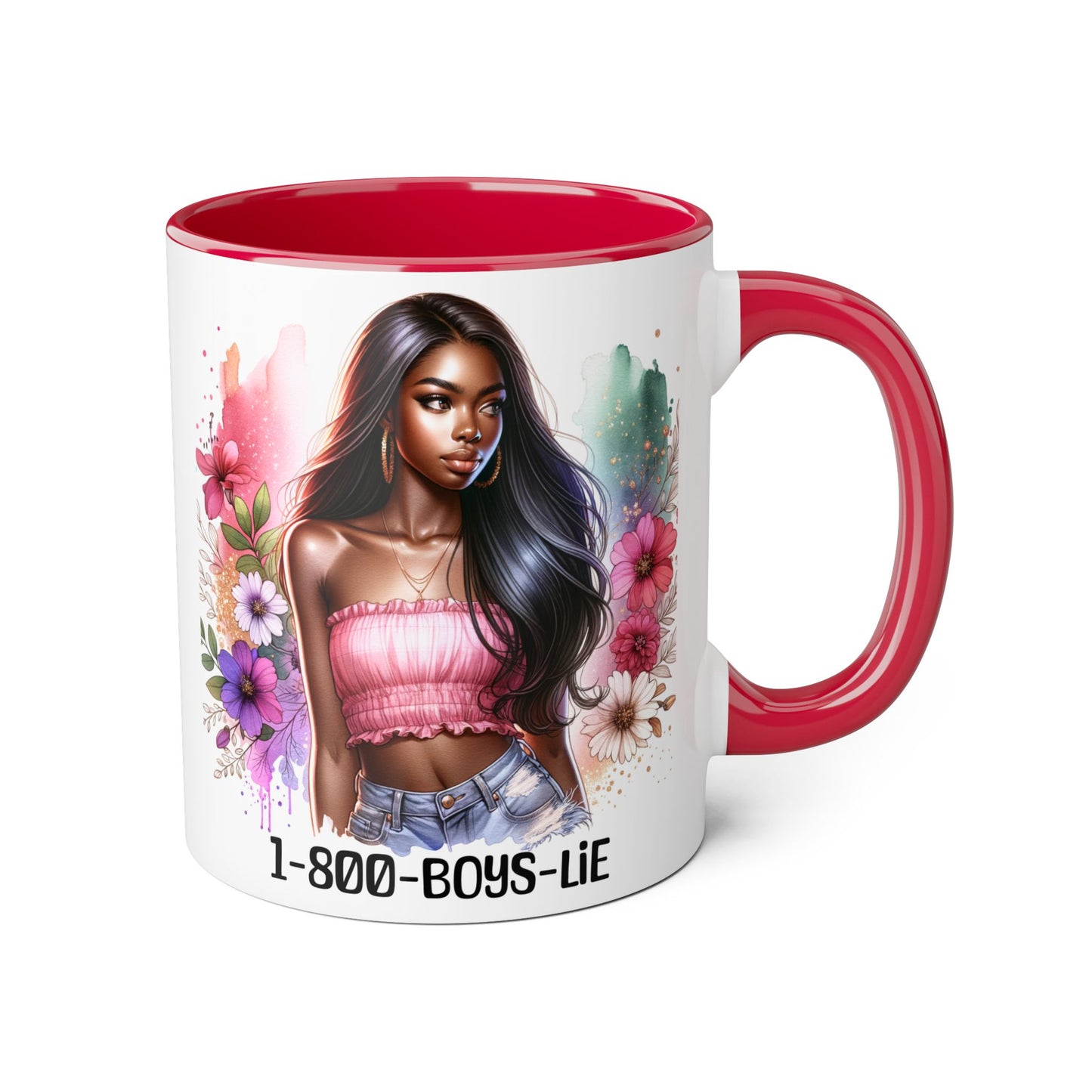 1-800-BOYS-LIE Stylish Floral Accent Mug, 11oz Coffee Mug, Gift for Her, Trendy Drinkware, Unique Birthday Present, Coffee Lover's Companion