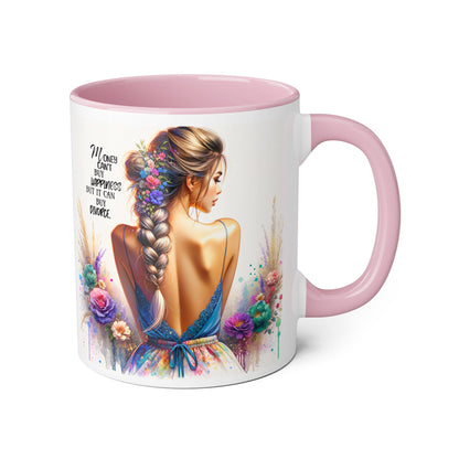 Money Can't Buy Happiness But It Can Buy Divorce Humoristic Empowering Accent Mugs | Inspirational Gift for Women | Unique Coffee Mug | Floral Design | Self-Care Reminder | Motivational Quote