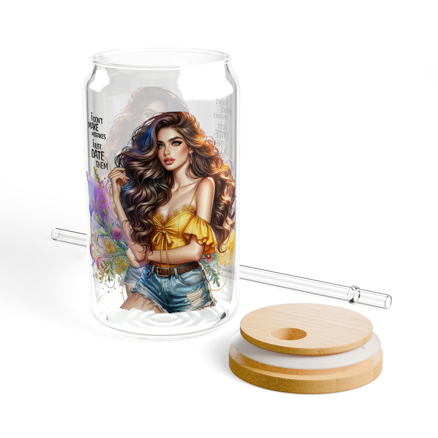 I Don't Make Mistakes, I Date Them Stylish Sipper Glass, 16oz with Elegant Art Design, Perfect for Gifts, Parties, Home Decor, Eco-Friendly Drinkware
