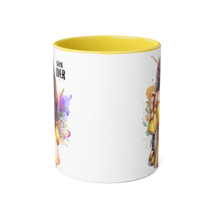 Colorful Game Over Accent Mug, 11oz Coffee Cup, Unique Art Gift, Fun Drinkware, Birthday, Celebration, Decorative Mug