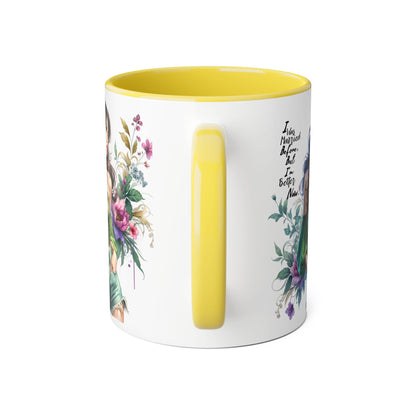 I Was Married Before But I'm Better Now Humoristic Floral Goddess Accent Mug, Inspirational Coffee Cup, Gift for Her, Boho Chic Drinkware, Unique Art Mugs, Home Decor