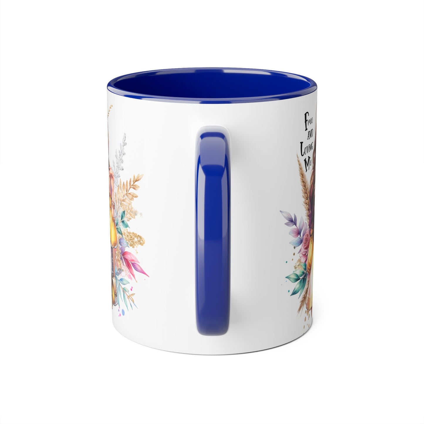 Free and Loving Me Bold Boho Accent Mug, Artistic Coffee Cup, Unique Gift for Women, Inspirational Kitchenware, Floral Design, Birthday Mug