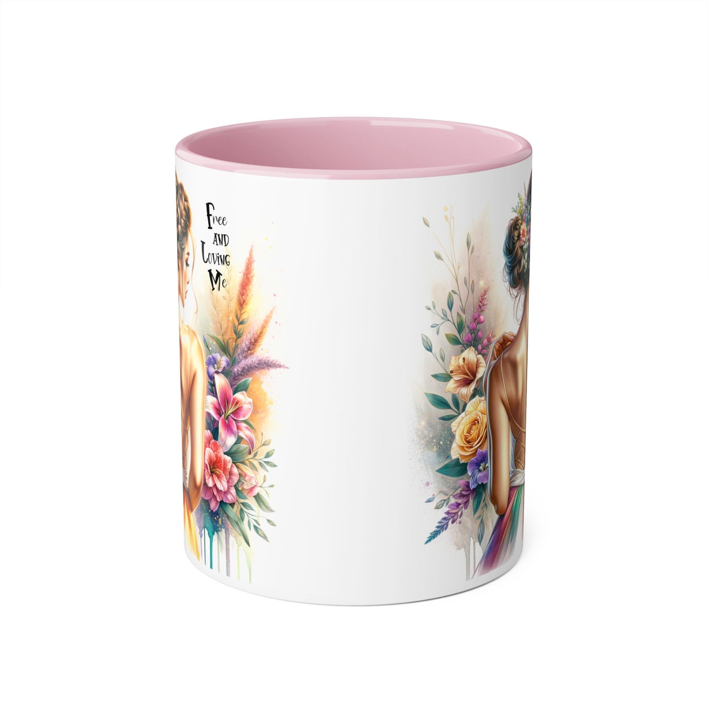 Free and Loving Me Empowering Quote Accent Mug, Inspirational Coffee Mug, Floral Design Mug, Unique Gift for Women, Motivational Drinkware