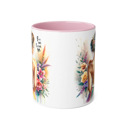 Free and Loving Me Empowering Quote Accent Mug, Inspirational Coffee Mug, Floral Design Mug, Unique Gift for Women, Motivational Drinkware