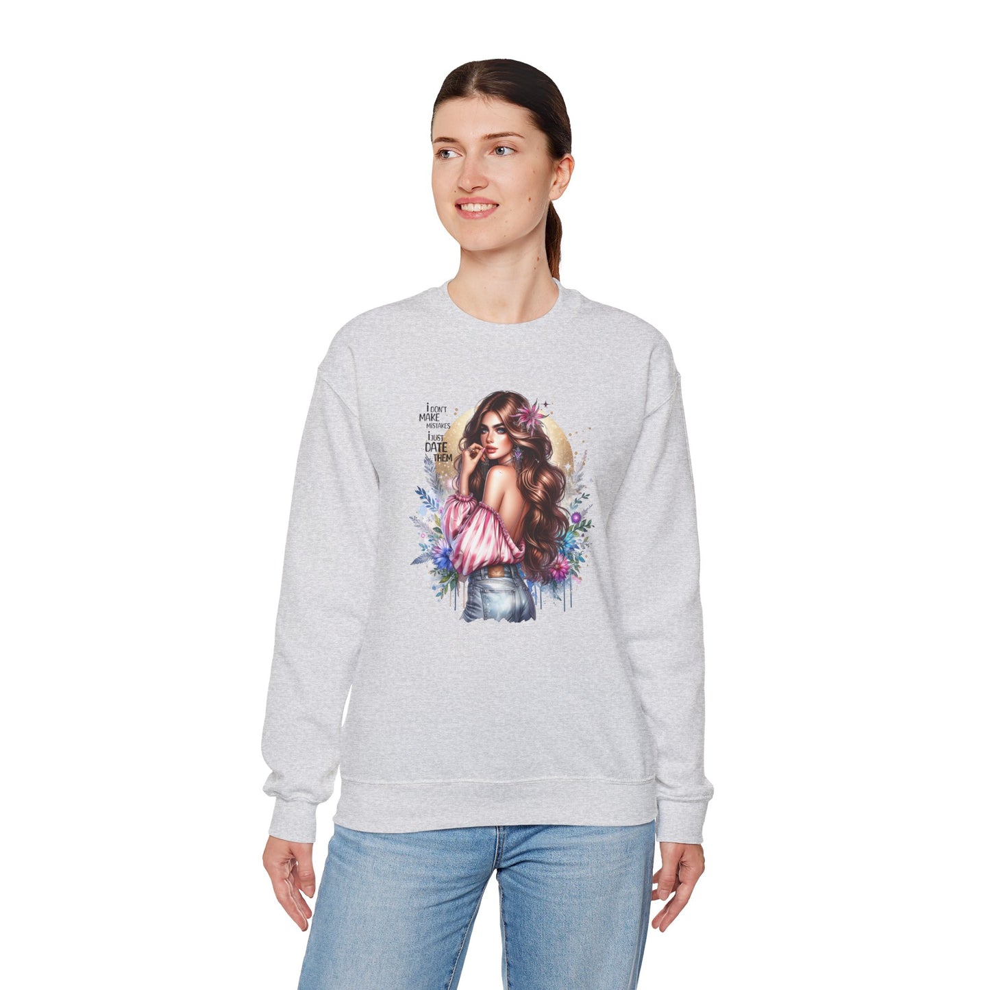 I Don't Make Mistakes, I Just Date Them Boho Chic Crewneck Sweatshirt, Cozy Gift for Her, Fashionable Layering Piece, Art-Inspired Apparel, Perfect for Special Occasions
