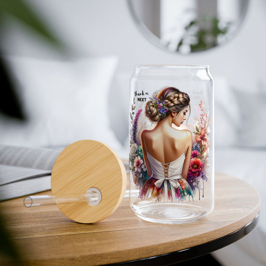 Thank U, Next Elegant Floral Sipper Glass - 16oz, Water Bottle, Gift for Her, Eco-friendly Drinkware, Wedding Favor, Party Decor