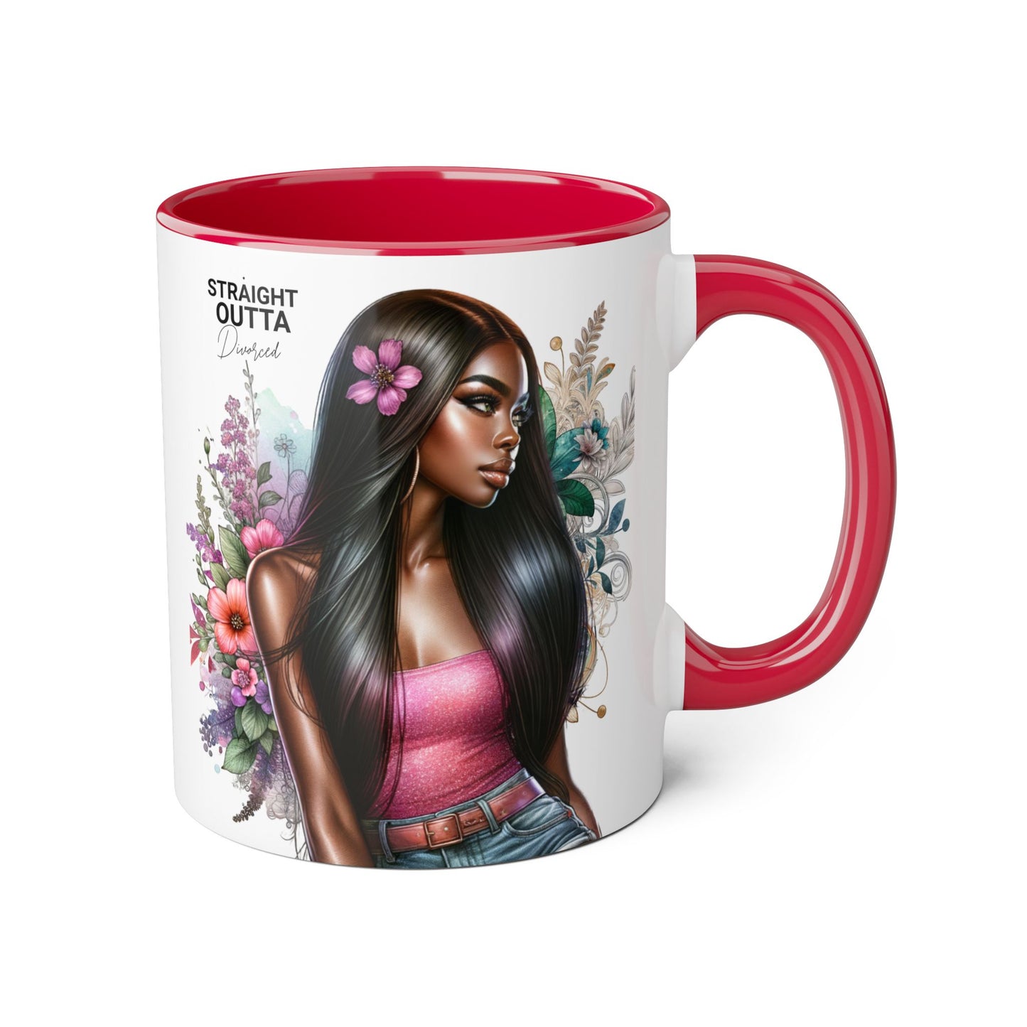 Straight Outta Divorced Humoristic Vibrant Statement Mug, Black Handle Coffee Cup, Floral Art Beverage Mug, Gift for Her, Inspirational Drinkware, Birthday Mug