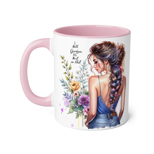 I Hold Grudges, I'll Heal in Hell  Humoristic Floral Inspirational Accent Mug, 11oz Coffee Cup, Gift for Her, Home Office Decor, Mother's Day, Personalized Drinkware