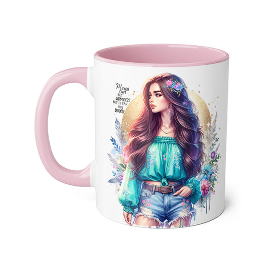 Money Can't Buy Happiness But It Can Buy Divorce Humoristic Inspirational Accent Mug, 11oz Coffee Cup for Boho Lovers, Unique Gift for Women, Flower Art Mug, Home Decor, Birthday Celebration