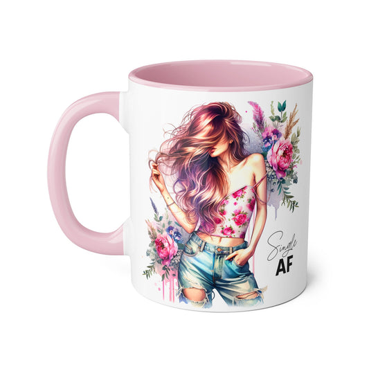 Single AF Floral Accent Mug, 11oz Coffee Cup, Gift for Singles, Cute Tea Mug, Kitchen Decor, Self-Love