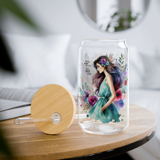 I Don't Make Mistakes, I Date Them Elegant Floral Sipper Glass, 16oz - Eco-Friendly Drinkware, Colorful Beverage Cup, Perfect for Home Decor, Gift for Her