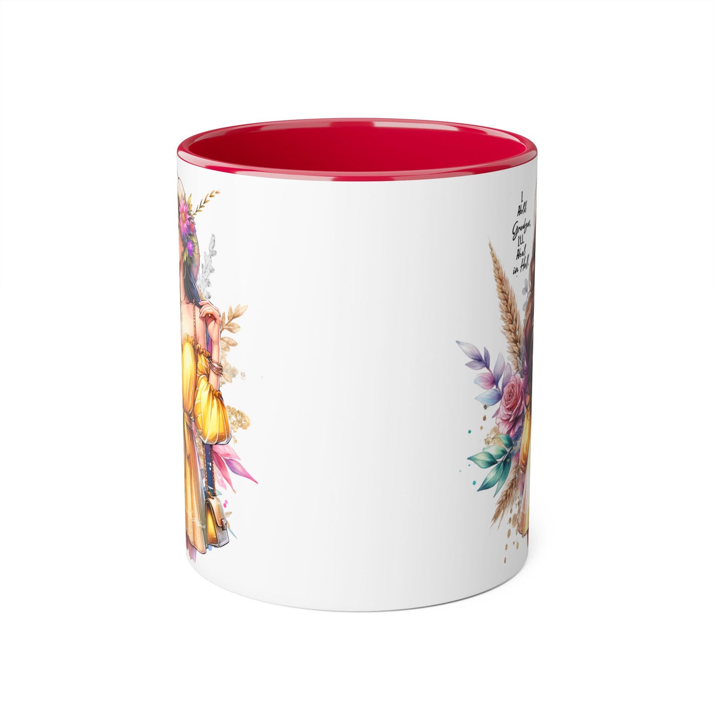 I Hold Grudges, I'll Heal in Hell  Humoristic Bohemian Accent Mug, Colorful Floral Art, Gift for Her, Coffee Lover's Dream, Inspirational Quote