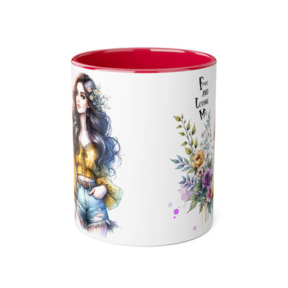Bohemian Floral Accent Mug, Free and Loving Me Coffee Cup, Gift for Her, Unique Art Mug, Morning Beverage Lover's Gift