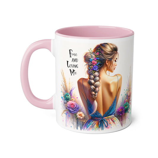 Free and Loving Me Floral Freedom Accent Mug - Inspirational Coffee Cup, Gift for Her, Artist Mug, Tea Lover's Cup, Home Decor