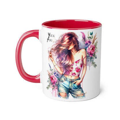 Yuck Fou Stylish Flower Girl Mug, Floral Coffee Cup, Boho Drinkware, Gift for Her, Artful Tea Mug
