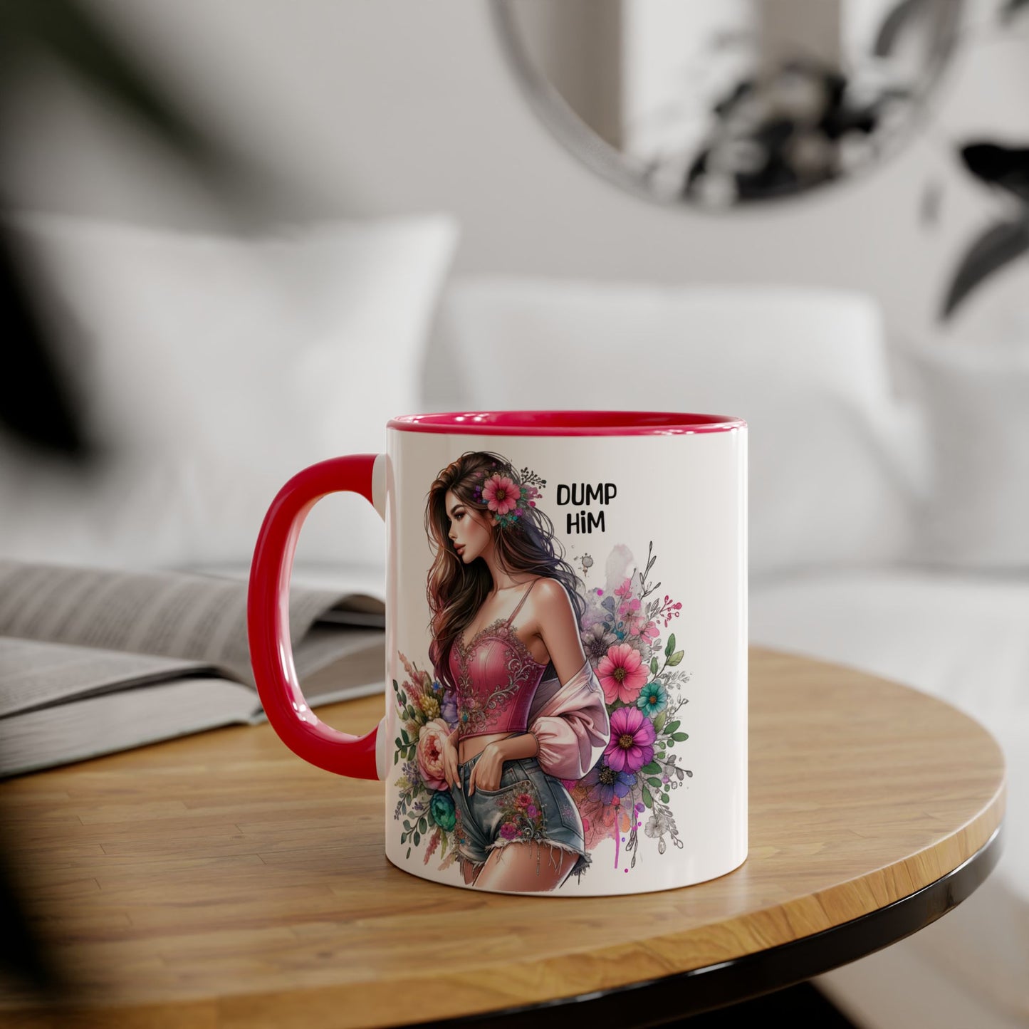 Floral Accent Mug, 11oz Coffee Cup, Gift for Her, Inspirational Mug, Cute Floral Design, Self-Love Coffee Mug