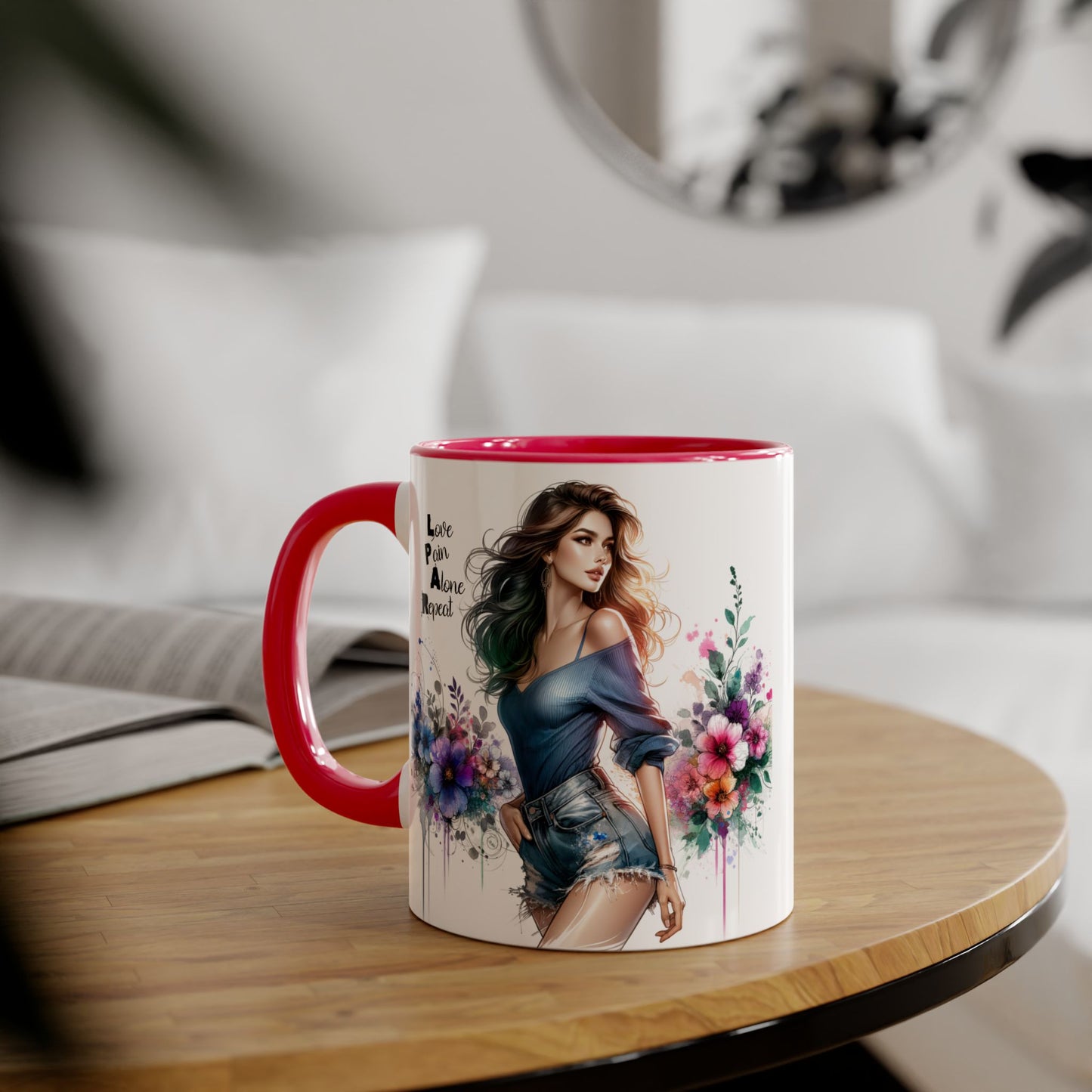 Stylish Accent Mug, Love Pain Alone Repeat Mug, Floral Design Coffee Cup, Gift for Her, Motivational Drinkware