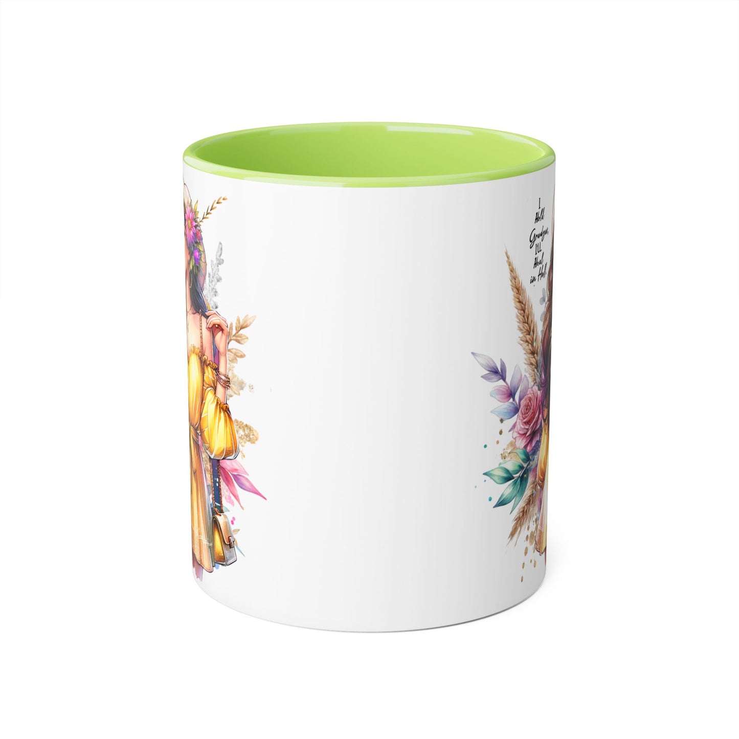 I Hold Grudges, I'll Heal in Hell  Humoristic Bohemian Accent Mug, Colorful Floral Art, Gift for Her, Coffee Lover's Dream, Inspirational Quote