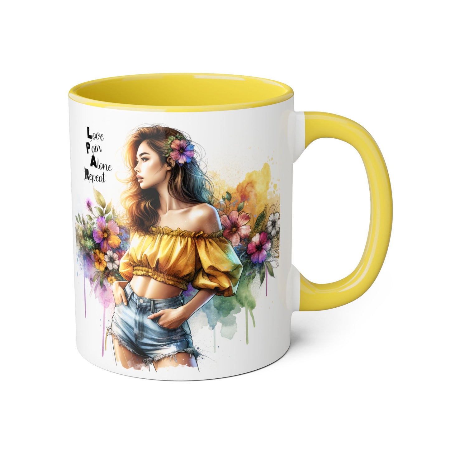 Colorful Floral Accent Mug - Love, Pain, Alone, Repeat Drinkware, Boho Coffee Cup, Gift for Her, Inspirational Mug