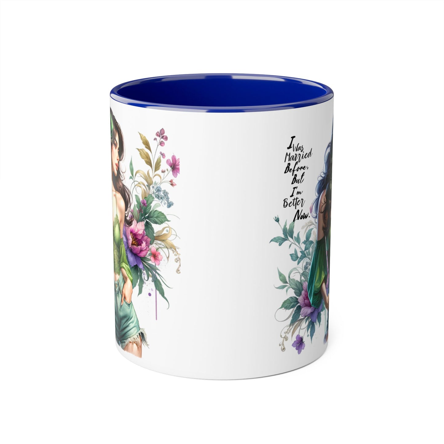 I Was Married Before But I'm Better Now Humoristic Floral Goddess Accent Mug, Inspirational Coffee Cup, Gift for Her, Boho Chic Drinkware, Unique Art Mugs, Home Decor
