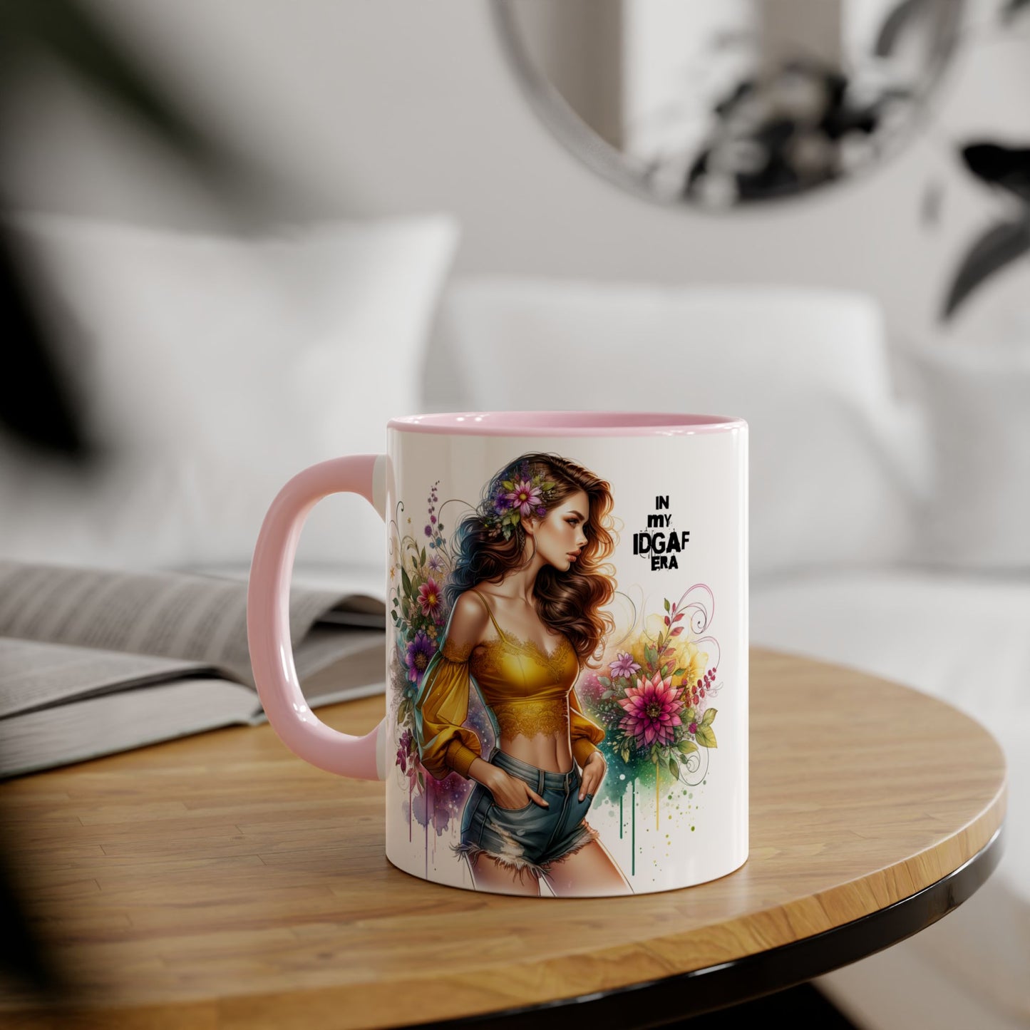 Edgy Floral Accent Mug, Inspirational Coffee Cup, Unique Gift for Her, IDGAF Mug, Boho Style Drinkware