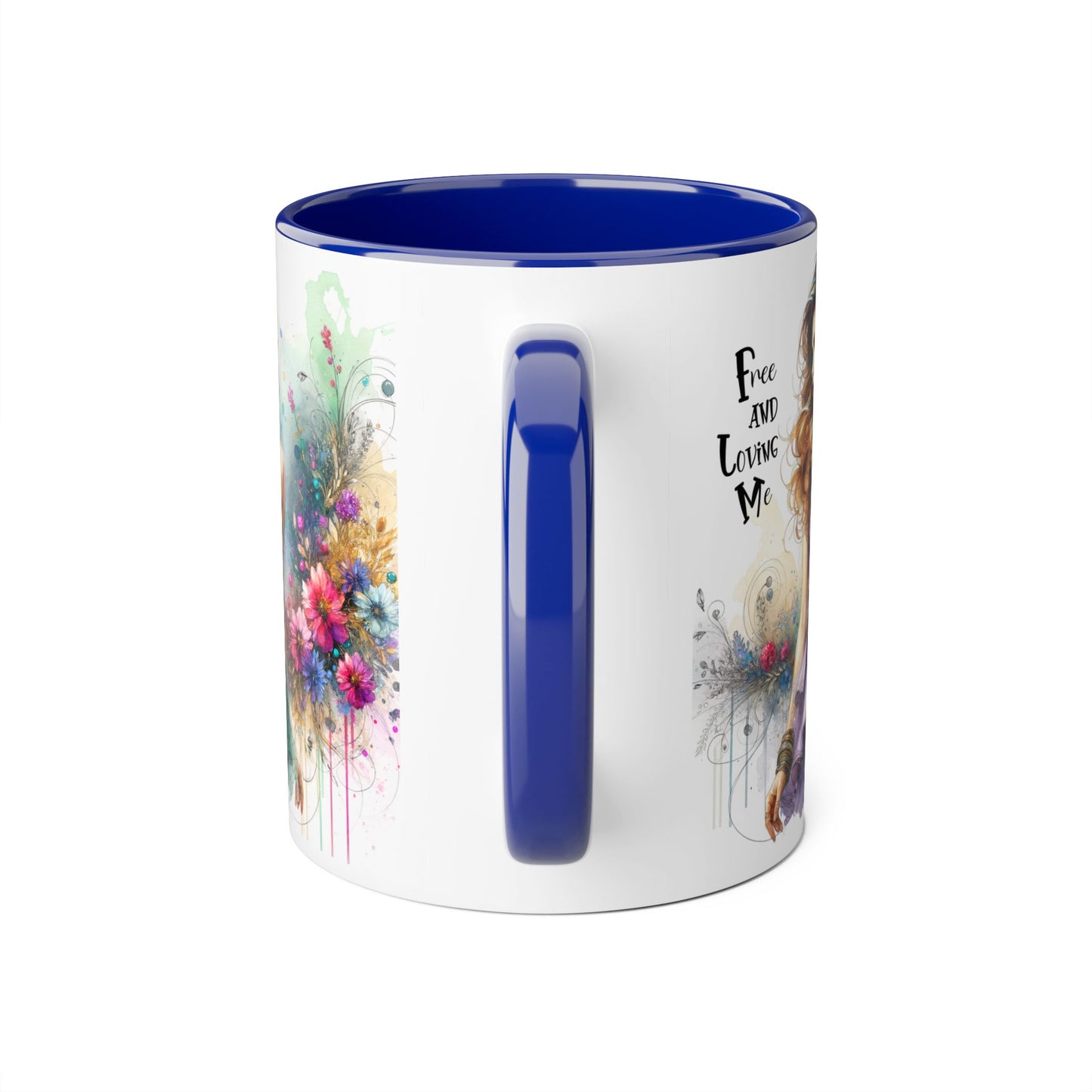 Artistic Floral Accent Mug - "Free and Loving Me" - Inspirational Coffee Cup, Gift for Her, Unique Home Decor, Special Occasion