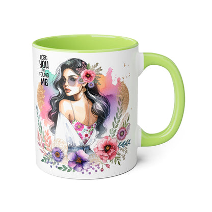 Lost You and Found Me Bohemian Floral Accent Mug, Inspirational Coffee Cup, Gift for Her, Self-Care Essentials, Unique Home Decor, Personalized Drinkware